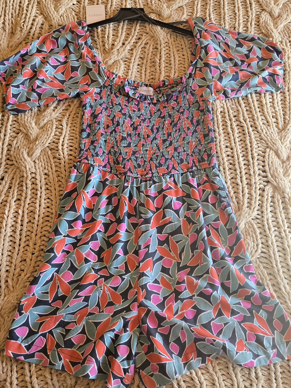 Compania Fantastica Smocked Floral Print Romper in Teal & Pink